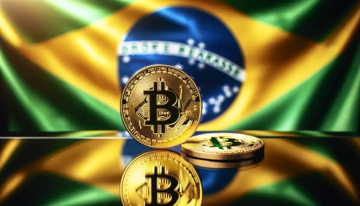 DALL·E-2024-05-22-13.05.14-A-close-up-image-of-two-shiny-gold-colored-Bitcoin-coins-resting-on-a-reflective-surface.-In-the-blurred-background-a-Brazilian-flag-is-displayed-pro-1.webp