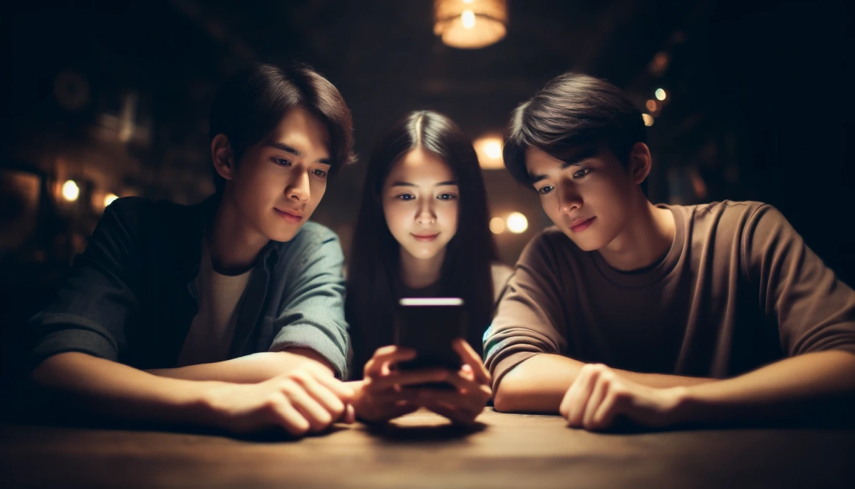 DALL·E-2024-05-28-15.01.58-Three-young-Asian-people-sitting-at-a-table-looking-at-the-same-mobile-phone.-The-setting-is-dark-with-low-lighting-creating-a-cozy-atmosphere.-The.webp